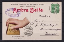 AM905) Schweiz Ganzsache mit Werbung Seife Savon Ambra , gelaufen 1909