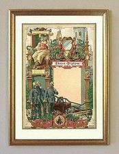 Feuerwehr Ehrendiplom Chromolitho von 1887 Feuerwehrurkunde A3 03 Gerahmt