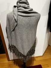 Hellgraues  Kaschmir Dreieckstuch Mit Olivgrünen Lederfransen