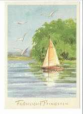 alte DDR AK Postkarte Gruss Glückwunschkarte Pfingsten - Landschaft Segelboot