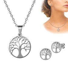 Damen Schmuckset aus Edelstahl Lebensbaum Weltenbaum Kette Anhänger & Ohrringe 
