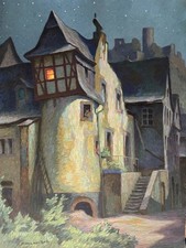Pastell  Beilstein bei  Nacht, Wachtturm, ca1920, Maler Peter Holzenthal,