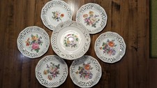 Hübsches 6er Tellerset + Fußschale, Durchbruchrand, florale Motive, W Bavaria