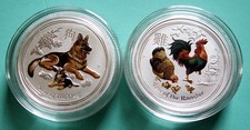 1/4 Oz Silber Lunar 2 2017 Hahn bzw 2018 Hund coloriert Münze 25 Ct farbig