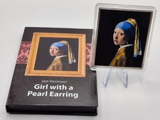 MÜNZE -JAN VERMEER / MÄDCHEN MIT PERLEN - BILD -BARREN - SILBER & FARB VEREDLUNG