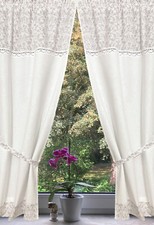Landhaus Gardine Set 2St weiß grau Blumen Spitze 140x75Gesamt 150cm breit+2 Bndr