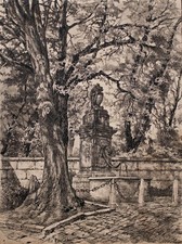 Leo Arndt Brunnen Park Baum signiert Zeichnung Tusche Ende 19.Jh.