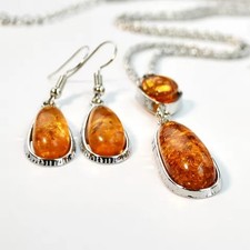 Schmuckset Halskette Ohrringe Tropfen Bernstein Anhänger Antik Damen Modeschmuck