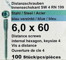Reisser Distanzschrauben Innensechskant SW 4 6,0 x 60 Blau Verzinkt Stahl VPE 10