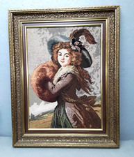 Handgesticktes Großes Gobelin Wand Bild Groß ca.82x65 in Holz Rahmen P 228