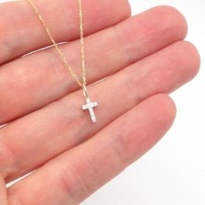 14K MASSIVES GELBGOLD WINZIGER NATÜRLICHER DIAMANT KREUZ ZIERLICHER ANHÄNGER HALSKETTE MINI