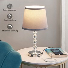 Nachttischlampe Touch Dimmbar 2er Set Kristall Tischlampe mit Ladefunktion USB