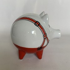 Porzellan Sparschwein m. Hosenträger; 70er; Plastik Verschluss;