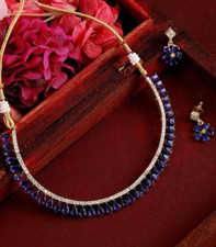 Indisches Bollywood vergoldet Ethno AD CZ Schmuck Ohrringe Halskette Braut Set