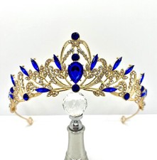 Goldene Tiara mit blauen Strasssteinen Prinzessin Diadem minimalistisch