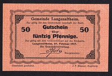 Langenaltheim -Gemeinde- 50 Pf. braun vom 27.02.1917 (Tauenglanzpapier)
