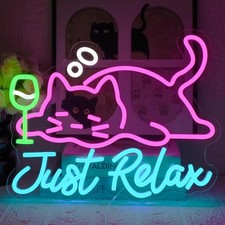 Katze Neon Schild „Just Relax“ USB dimmbar 42×26 cm LED Leuchtreklame Party