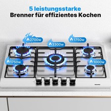 WEHIMO Einbau Gaskochfeld Edelstahl Kochfeld 76 cm Gaskocher 5 Flammen 10500W