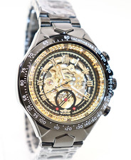 Herrenuhr Automatikuhr Skelett schwarz goldfarbenes Ziffernblatt Männer Uhr NEU