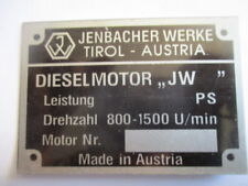 Typenschild id-plate Schild Jenbacher Werke Tirol Dieselmotor JW targhetta s38