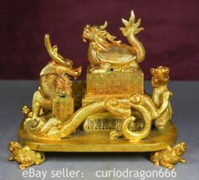 9.6" Alte Tibet Bronze 24K Gold Gilt Drachenschildkröte Siegel Statue Set
