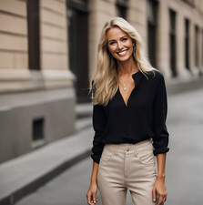 Grasegger - Elegant black silk blouse bluse Size L NEW Y2K TikTok Wedding Chic