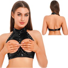 DE Damen Wetlook Unterwäsche Korsett Corsage Busenfrei Top Neckholder Clubwear