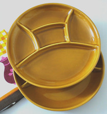 2 Fondueteller Raclette Antipasti Teller Keramik senfgelb 60er 70er Vintage