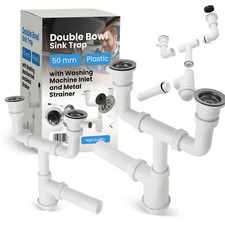 Doppelsiphon für Doppelwaschbecken 50 mm mit Abflusssieb mit Maschinenanschluss