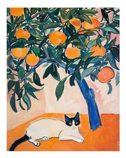 Lebendige Katzen und Orangenbaum Wandkunst Moderner Naturgarten Wand
