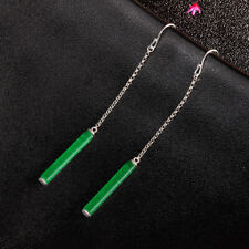 K03 Ohrringe Stab aus grüner Jade an Kettchen Sterling Silber 925
