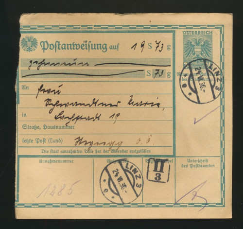 Groschen postanweisung 1936 - groschen,
