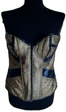 Damen Korsett Corsage Bustier Schwarz Lederoptik Matt Goldene Akzente Gr. XXL