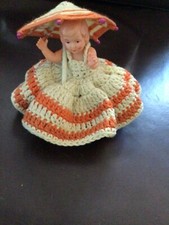 alte Puppe Sammler Minerva 9 1/2 gemarkt behäkelt mit Schirm