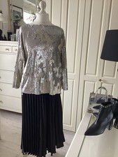 Handmade Oberteil Paillettenoberteil U-Boot-Ausschnitt Langarm Silber Gr.XL