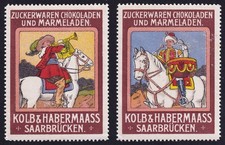 Saarbrücken „Zuckerwaren, Chokolade, Marmelade“ Kolb & Habermaass, 2 Werbemarken