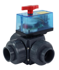 Praher 3-Wege Solar Ø 63 mm PVC Kugelhahn mit elektrischem Stellantrieb 12-24V