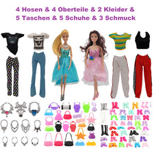 Kleidung Schuhe Zubehör Konvolut Set für Barbie Puppe Tasche Schmuck  Hose Kleid