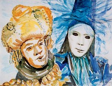 Karneval Venedig Aquarell 1989 Michaela Krinner 1915-2006 Masken Venezia Italien
