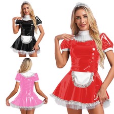 DE iEFiEL Damen Dienstmädchen Kostüm French Neckholder Maid Wetlook Minikleid
