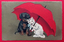 Künstler AK 1922 Dackel und Katze mit Regenschirm   ( 7319