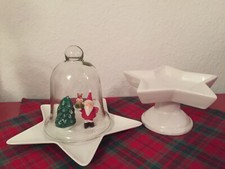 Set Keramik Etagere Muffinständer Shabby Landhaus Stern Weiß Teller m.Glasglocke