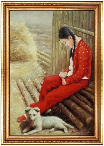 ölbild mädchen mit hund - Ölbild,