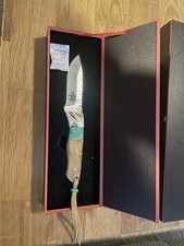 Sammlermesser mit Damastklinge, Holzgriff & Türkis-Einlage und Verpackung