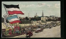 Ansichtskarte Elmshorn, Panorama, Rettungsring mit Fahnen und Wappen 