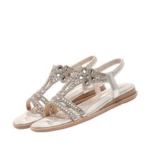 Damen Sandalen Glitzer Riemchen mit Blumen & Nieten Flach Sandaletten Sommer