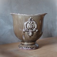 Großer Vintage Ornament Keramik Übertopf Oval Blumentopf Pflanztopf Shabby Braun