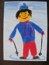 Postkarte Ansichtskarte Kunst Kinderzeichnung Kinder alt Ski Schnee Winter SOS