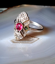 Ring Silber 835 Markasit Farbsteine pink grün anmutig fein glitzernd 17mm antik