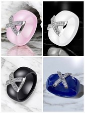 JS💖 Ring Edelstahl Keramik Zirkonia Schwarz Weiß Blau Größenauswahl ES-0998